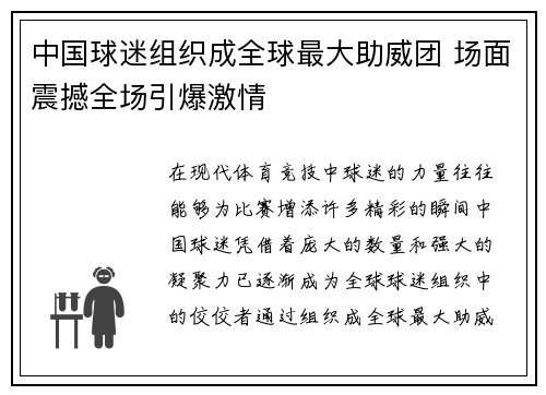 中国球迷组织成全球最大助威团 场面震撼全场引爆激情