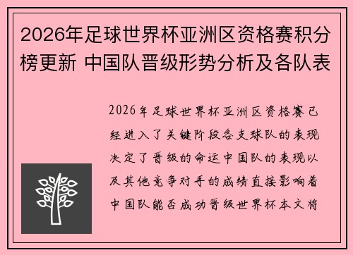2026年足球世界杯亚洲区资格赛积分榜更新 中国队晋级形势分析及各队表现评估
