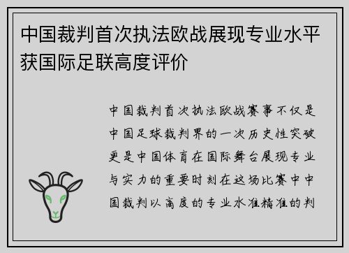 中国裁判首次执法欧战展现专业水平获国际足联高度评价