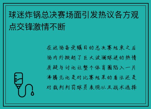 球迷炸锅总决赛场面引发热议各方观点交锋激情不断