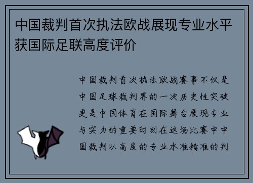 中国裁判首次执法欧战展现专业水平获国际足联高度评价
